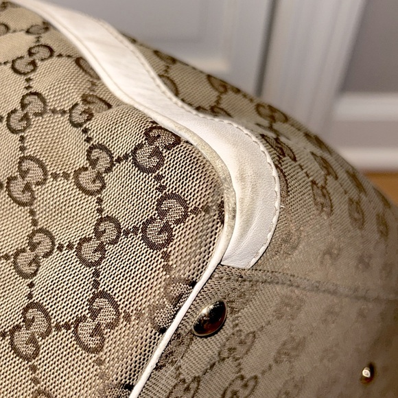 ✨ GUCCI ✨ Authentic GG Canvas White Leather Flower Handbag Satchel Tote - Picture 10 of 16